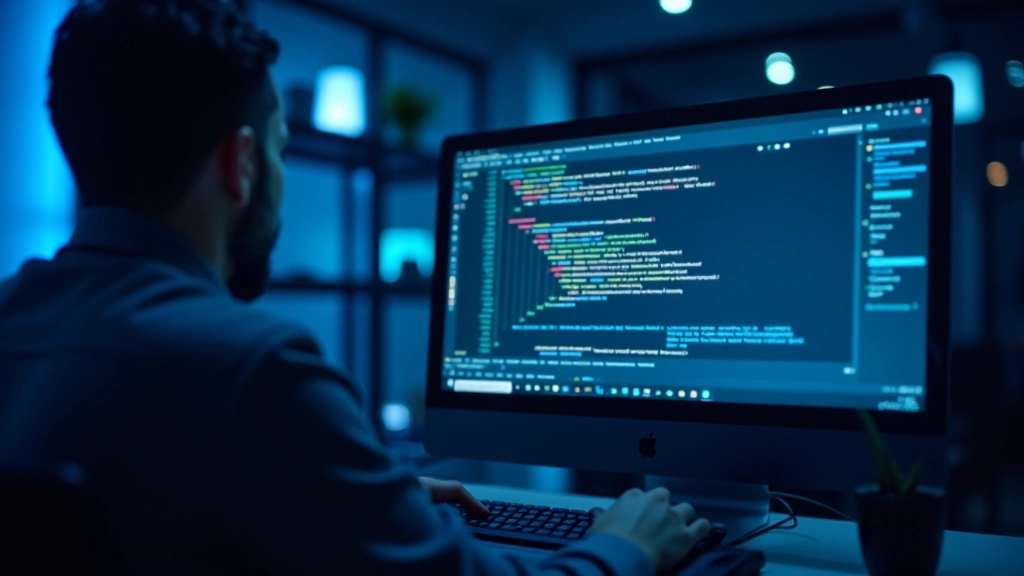 Server di automazione con script Python in esecuzione, monitor che mostra pianificazione dei task, ambiente di sviluppo moderno con illuminazione blu