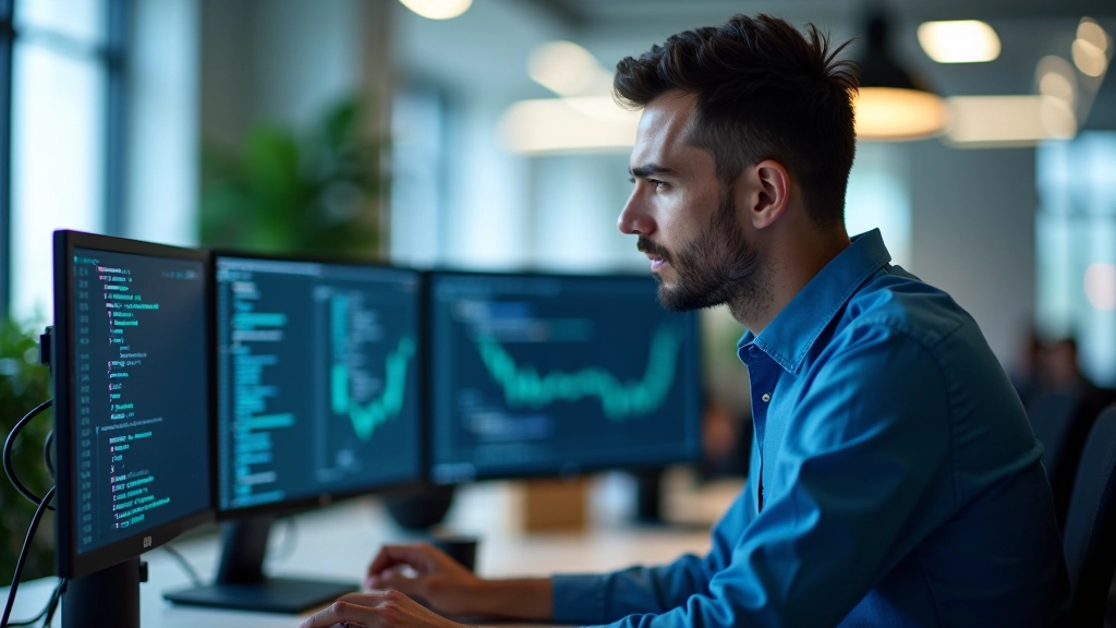 Sviluppatore che lavora con Python e API finanziarie su monitor moderni