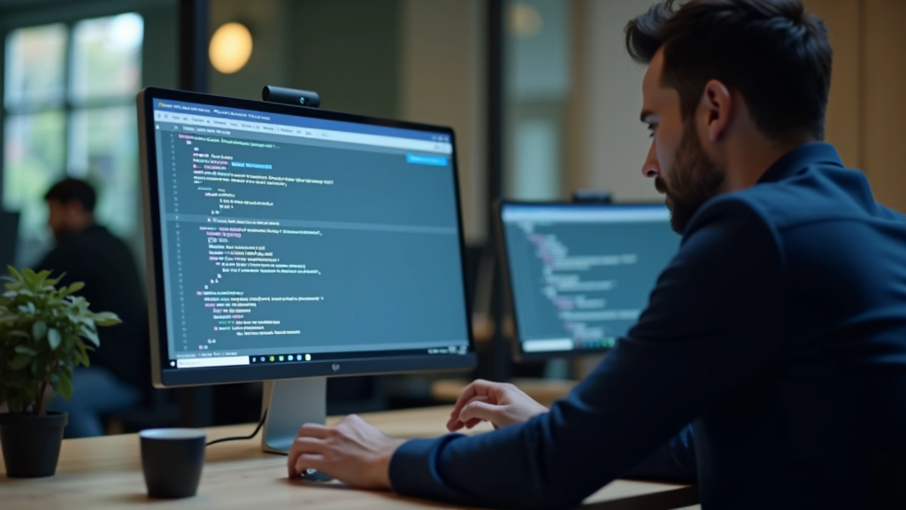Sviluppatore al lavoro con codice Python e API REST, schermo con editor di testo, ambiente di programmazione moderno